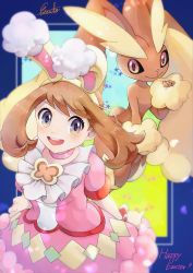 Rule 34 | 1girl, :d, absurdres, animal ears, breasts, brown hair, closed mouth, creatures (company), dress, easter, etsuko pkmn, fake animal ears, game freak, gen 4 pokemon, grey eyes, hairband, happy easter, highres, lopunny, may (pokemon), may (spring 2021) (pokemon), nintendo, official alternate costume, open mouth, pink dress, pokemon, pokemon (creature), pokemon masters ex, rabbit ears, short sleeves, smile, yellow hairband