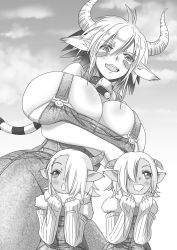 Rule 34 | 10s, 3girls, age difference, animal ears, arms under breasts, bell, neck bell, breasts, bursting breasts, cathyl, collar, cott, cow ears, cow girl, cow horns, cowbell, detached sleeves, gigantic breasts, goat ears, goat girl, goat horns, greyscale, hair over one eye, height difference, highres, horns, minotaur, monochrome, monster girl, monster musume no iru nichijou, multiple girls, no bra, open mouth, overalls, siblings, sisters, size difference, tawn, trf honeycomb, twins