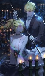 Rule 34 | 1boy, 1girl, absurdres, bare shoulders, black jacket, blonde hair, boat, breasts, brother and sister, building, character request, city lights, cleavage, cleavage cutout, closed mouth, clothing cutout, collarbone, commission, constellation, detached collar, dress, fireworks, floating hair, formal, galaxy, hair ornament, highres, holding, holding paddle, holding weapon, jacket, jewelry, lapels, large breasts, light particles, long hair, long sleeves, looking at another, necklace, netural, night, night sky, nijisanji, nox (vtuber), paddle, pants, parted lips, pixiv commission, ponytail, puffy long sleeves, puffy sleeves, red eyes, shawl lapels, shooting star, siblings, sky, skyscraper, space, star (sky), star (symbol), star hair ornament, starry sky, suit, swept bangs, virtual youtuber, virtuareal, watercraft, weapon, white dress
