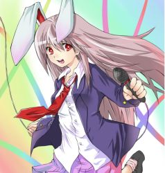 Rule 34 | 1girl, alternate hair color, animal ears, bad id, bad pixiv id, female focus, hitoto, long hair, microphone, open mouth, pink hair, rabbit ears, red eyes, reisen udongein inaba, silver hair, smile, solo, star (symbol), symbol-shaped pupils, touhou