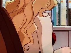 Rule 34 | 1990s (style), 1girl, animated, animated gif, blonde hair, bouncing breasts, breasts, center opening, cleavage, covered erect nipples, golden boy, large breasts, lipstick, long hair, makeup, nipples, onna shachou, retro artstyle, solo