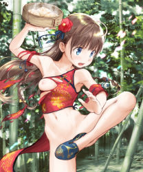 Rule 34 | 1girl, armpits, bamboo, bamboo forest, bamboo steamer, baozi, bare shoulders, blue eyes, bottomless, braid, breasts, brown hair, china dress, chinese clothes, commentary request, convenient censoring, convenient leg, day, dress, flower, food, forest, hair flower, hair ornament, highres, leg up, long hair, nature, navel, nipples, no bra, no panties, one breast out, open mouth, original, outdoors, ribbon, sleeveless, small breasts, solo, standing, standing on one leg, sweat, tamanoi peromekuri, torn clothes, torn dress, wardrobe malfunction