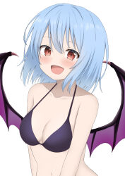 Rule 34 | 1girl, :d, absurdres, arms at sides, bat wings, bikini, black bikini, blue hair, blush, breasts, cleavage, collarbone, commentary request, curvy, eyelashes, floating hair, hair between eyes, hair intakes, halterneck, happy, highres, looking at viewer, medium breasts, medium hair, navel, no headwear, open mouth, red eyes, remilia scarlet, simple background, smile, solo, straight hair, swimsuit, szl, touhou, tsurime, upper body, white background, wings