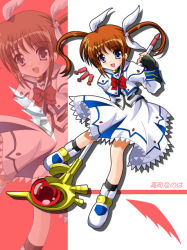Rule 34 | !, 00s, 1girl, boots, brown hair, buckle, character name, cropped jacket, fingerless gloves, full body, gloves, hair ribbon, kohakugin, long sleeves, looking at viewer, lyrical nanoha, magazine (weapon), magical girl, mahou shoujo lyrical nanoha, puffy sleeves, purple eyes, raising heart, raising heart (accel mode), red hair, ribbon, shoes, skirt, smile, solo, takamachi nanoha, takamachi nanoha (sacred mode), twintails, uniform, winged footwear, wings, zoom layer