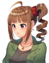 Rule 34 | 1girl, ahoge, black shirt, blush, closed mouth, drill hair, earrings, frown, green jacket, hair ornament, hair scrunchie, idolmaster, idolmaster million live!, jacket, jewelry, kamille (vcx68), looking to the side, medium hair, necklace, open clothes, open jacket, portrait, purple eyes, red scrunchie, scrunchie, shirt, side drill, side ponytail, sidelocks, simple background, solo, star (symbol), star earrings, star necklace, white background, yokoyama nao