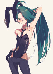 Rule 34 | 1girl, animal ears, arm up, armpits, black gloves, black leotard, black pants, blush, breasts, closed mouth, creatures (company), earrings, fake animal ears, fake tail, game freak, gloves, green hair, hair lift, hair over one eye, highres, jewelry, leotard, lifting own clothes, long hair, looking at viewer, miri (cherryjelly), nintendo, pants, playboy bunny, pokemon, pokemon sv, rabbit ears, rabbit tail, red eyes, rika (pokemon), small breasts, solo, tail, very long hair