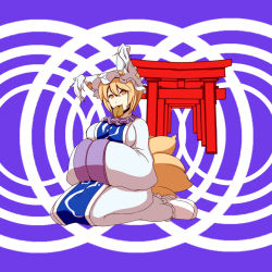 Rule 34 | 1girl, aburaage, animal ears, blonde hair, dearmybrothers, female focus, food, fox tail, highres, looking at viewer, mouth hold, multiple tails, own hands together, short hair, sitting, solo, tail, torii, touhou, wariza, yakumo ran, yellow eyes