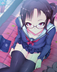 Rule 34 | 1girl, bad id, bad pixiv id, bed, book, brown hair, clothes pull, english text, eyelashes, glasses, highres, kasai shin, long hair, original, pantyhose, pantyhose pull, pink eyes, plant, ponytail, school uniform, solo, stuffed animal, stuffed toy, undressing