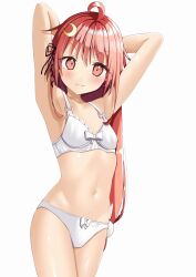 Rule 34 | 1girl, :3, ahoge, amano miyako, armpits, arms behind head, arms up, blush, bow, bow bra, bow panties, bra, breasts, closed mouth, collarbone, commentary request, crescent, crescent hair ornament, hair ornament, hair ribbon, kantai collection, long hair, looking at viewer, navel, panties, pink eyes, pink hair, pom pom (clothes), pom pom hair ornament, ribbon, small breasts, solo, underwear, underwear only, uzuki (kancolle), white bra, white panties