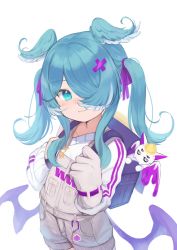 Rule 34 | + +, 1girl, :3, absurdres, aged down, animal ears, aqua eyes, aqua hair, backpack, bag, commentary, elira pendora, elira pendora (1st costume), gloves, grey overalls, hair ornament, hair over one eye, hair ribbon, hairclip, head wings, highres, holding strap, klaius, long hair, looking at viewer, low wings, multicolored hair, nijisanji, nijisanji en, one eye covered, overall shorts, overalls, pikl (elira pendora), purple ribbon, ribbon, simple background, smile, solo, sweater, twintails, two-tone hair, virtual youtuber, white background, white gloves, white hair, white sweater, wings
