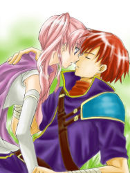 Rule 34 | 1boy, 1girl, belt, blue eyes, brown hair, cleric, couple, elbow gloves, closed eyes, fire emblem, fire emblem: the blazing blade, gloves, imminent kiss, long hair, lowres, lying, nintendo, open mouth, pink hair, raven (fire emblem), red hair, scarf, serra (fire emblem), short hair, twintails