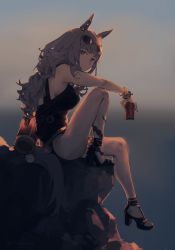 Rule 34 | 1girl, animal ears, backlighting, black footwear, black one-piece swimsuit, blurry, blurry background, bracelet, brand name imitation, breasts, can, casual one-piece swimsuit, closed mouth, coca-cola, eyewear on head, full body, gold ship (run revolt launcher) (umamusume), gold ship (umamusume), grey hair, high heels, highres, holding, holding can, horse ears, horse girl, horse tail, jewelry, long hair, looking at viewer, medium breasts, one-piece swimsuit, outdoors, purple shirt, rock, shirt, sitting, smile, solo, sunset, swimsuit, tail, twitter username, umamusume, water gun, yi yu