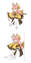 Rule 34 | 0 0, 1girl, animal ear fluff, animal ears, braid, brown eyes, closed mouth, commentary request, fate/samurai remnant, fate (series), fox ears, fox girl, fox tail, frilled sleeves, frills, hair between eyes, highres, japanese clothes, katana, kimono, langbazi, long hair, long sleeves, open mouth, pantyhose, pink hair, platform footwear, sheath, sheathed, signature, sleeves past fingers, sleeves past wrists, smile, sword, tail, tamamo (fate), tamamo aria (fate), twin braids, very long hair, walking, weapon, white pantyhose, wide sleeves, yellow kimono
