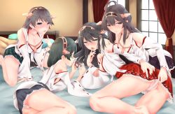 Rule 34 | 4girls, ahoge, all fours, bilibala, black hair, blue eyes, blue skirt, blush, breasts, brown eyes, camera phone, cellphone, cleavage, closed mouth, collarbone, curtains, ears visible through hair, hair between eyes, hair ornament, hairband, hairclip, haruna (kancolle), headgear, hiei (kancolle), japanese clothes, kantai collection, kirishima (kancolle), kongou (kancolle), long hair, looking at another, looking at viewer, looking away, multiple girls, nontraditional miko, open mouth, panties, panty pull, pantyshot, phone, pleated, pleated skirt, pulled by self, pulling another&#039;s clothes, red skirt, short hair, sidelocks, skirt, underwear, white panties, window, yellow eyes, yuri