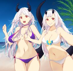 Rule 34 | 2girls, beach, bikini, breasts, cleavage, collarbone, elf, epic seven, hand up, highres, horns, long hair, looking at viewer, looking down, luna (epic seven), medium breasts, multiple girls, navel, ocean, open mouth, outdoors, pointy ears, purple bikini, red eyes, seafloor, siblings, sisters, smile, stomach, swimsuit, talnory, thighs, torn bikini, torn clothes, untied bikini, white bikini, white hair, yufine (epic seven)