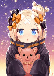 Rule 34 | 1girl, 2018, :o, abigail williams (fate), abigail williams (traveling outfit) (fate), black bow, black jacket, blonde hair, blue eyes, bow, breasts, commentary request, crossed bandaids, cuffed, fate/grand order, fate (series), hair bow, hair bun, heart, highres, holding, holding stuffed toy, jacket, long hair, long sleeves, looking at viewer, official alternate costume, orange bow, parted bangs, parted lips, polka dot, polka dot bow, round teeth, sasha chii, signature, single hair bun, sleeves past fingers, sleeves past wrists, solo, sparkle background, stuffed animal, stuffed toy, teddy bear, teeth, upper teeth only