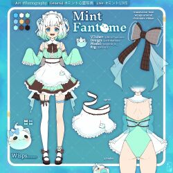 Rule 34 | 1girl, apron, aqua dress, aqua leotard, black footwear, blue background, blue eyes, bow, bowtie, breasts, character name, color guide, detached sleeves, dress, english text, full body, ghost, gradient hair, highres, ichika maia (artist), indie virtual youtuber, leotard, maid, maid apron, medium breasts, mint fantome, multicolored hair, multiple views, shoes, single thighhigh, sleeves past fingers, sleeves past wrists, smile, straight-on, teeth, thighhighs, two side up, upper teeth only, virtual youtuber, white hair, white thighhighs