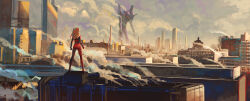 Rule 34 | 1girl, absurdres, advarcher, arms at sides, ass, bodysuit, building, city, cityscape, cloud, cloudy sky, commentary request, crane (machine), eva 01, evangelion (mecha), facing away, full body, hairpods, highres, horns, interface headset, legs apart, long hair, mecha, neon genesis evangelion, nerv, orange hair, outdoors, pilot suit, plugsuit, red bodysuit, robot, rooftop, scenery, science fiction, single horn, sky, skyscraper, smoke, souryuu asuka langley, standing, super robot, wide hips
