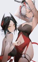 Rule 34 | 2girls, antennae, arknights, armpits, arms up, bare shoulders, black hair, breasts, clothing cutout, commentary request, cowboy shot, eyyy, grey background, hair intakes, head tilt, highres, ines (arknights), large breasts, multiple girls, navel, navel cutout, short hair, silver hair, simple background, standing, thighs, upper body, w (arknights), yellow eyes