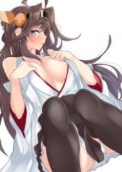 Rule 34 | 10s, 1girl, ahoge, bare shoulders, between legs, black thighhighs, breasts, brown hair, brown skirt, cleavage, collarbone, detached sleeves, dutch angle, frilled skirt, frills, hair intakes, hairband, headgear, highres, japanese clothes, kantai collection, kimono, kongou (kancolle), large breasts, long hair, long sleeves, looking at viewer, nebusoku, nontraditional miko, open clothes, open kimono, profile, purple eyes, simple background, sitting, skirt, solo, sweatdrop, thighhighs, undressing, very long hair, white background, wide sleeves