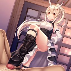 Rule 34 | 1boy, 1girl, absurdres, arm up, armpits, asisuki, ayanami (azur lane), ayanami (nightfall raiment) (azur lane), azur lane, bare shoulders, black dress, black footwear, blonde hair, boots, breasts, censored, cleavage, commentary request, commission, cum, detached sleeves, dress, ejaculation, footjob, frilled dress, frills, hair ornament, headgear, highres, indoors, knee boots, leg belt, long hair, long sleeves, looking down, male pubic hair, mosaic censoring, penis, pixiv commission, ponytail, pubic hair, puffy sleeves, red eyes, shoejob, small breasts, smug, solo focus, standing, thighs