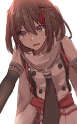Rule 34 | 1girl, bare shoulders, black gloves, black necktie, brown eyes, brown hair, elbow gloves, gloves, hair between eyes, kantai collection, looking at viewer, necktie, open mouth, rinto (rint rnt), scarf, sendai (kancolle), sendai kai ni (kancolle), short hair, simple background, skirt, solo, standing, tassel, tears, two side up, vest, wavy mouth, white background, white scarf
