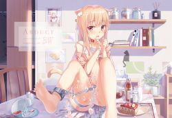 Rule 34 | 1girl, animal collar, animal ears, blonde hair, book, bound, bound wrists, bra, bra lift, cake, cake slice, cat ears, cat girl, cat tail, chain, chained, chair, clothes down, collar, crying, cup, drawing (object), food, highres, ink bottle, jar, jcj0125, long hair, open clothes, open shirt, organs, original, ovaries, panties, pee, peeing, picture frame, pink eyes, plant, plate, restrained, shirt, sitting, sitting on table, spilling, sugar cube, table, tail, tea, teacup, underwear, uterus, white panties