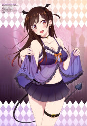 Rule 34 | :d, absurdres, argyle, argyle background, argyle clothes, babydoll, bare arms, bat wings, breasts, brown eyes, brown hair, castle, choker, cleavage, collarbone, cowboy shot, demon tail, earrings, fake tail, highres, jewelry, kanojo okarishimasu, large breasts, long hair, looking at viewer, mizuhara chizuru, moon, navel, official art, open mouth, pleated skirt, purple babydoll, purple skirt, scan, skirt, smile, stomach, tail, thigh strap, wings