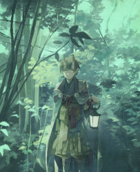 Rule 34 | 1boy, black hair, cape, closed mouth, clothing request, commentary request, day, forest, green theme, grey cape, hakama, hakama pants, hand up, highres, hise, holding, holding lantern, horns, japanese clothes, lantern, looking at viewer, male focus, nature, oni, original, outdoors, pants, pointy ears, short hair, signature, skin-covered horns, solo, standing, tassel, tree, yellow hakama, yellow pants