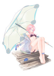 Rule 34 | 1girl, absurdres, anklet, arknights, ass, bare legs, barefoot, bikini, blue eyes, blue poison (arknights), breasts, cai yuan, crotch seam, frog, highres, horizontal pupils, jacket, jewelry, looking at viewer, midriff, parasol, pink hair, plank, see-through, sitting, small breasts, solo focus, swimsuit, thighs, toes, twintails, umbrella, water gun