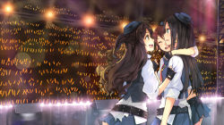 Rule 34 | 10s, 3girls, :d, ^ ^, aqua eyes, arm around neck, belt, belt skirt, black gloves, black hair, blue skirt, brown eyes, brown hair, clenched hand, closed eyes, concert, dress shirt, earrings, gloves, glowing, glowstick, hair intakes, hao (patinnko), happy, hat, highres, honda mio, hug, idol, idolmaster, idolmaster cinderella girls, jewelry, lens flare, light stick, lights, long hair, long sleeves, looking at another, md5 mismatch, midriff, mini hat, mini top hat, miniskirt, multiple girls, necktie, new generations, one side up, open mouth, orange eyes, pleated skirt, profile, reflection, resolution mismatch, shibuya rin, shimamura uzuki, shirt, shirt tug, short hair, skirt, sleeves rolled up, smile, source larger, stage, stage lights, standing, star (symbol), star earrings, studded belt, top hat, torn clothes, torn shirt, torn skirt, vest, wavy hair, white shirt