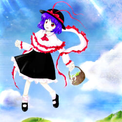 Rule 34 | 1girl, ascot, basket, black footwear, black hat, black skirt, blue hair, blue sky, bow, cloud, day, frilled shawl, frilled skirt, frills, full body, hagoromo, hat, hat bow, holding, holding basket, long sleeves, lowres, mary janes, medinki, nagae iku, official style, open mouth, outdoors, red ascot, red bow, red eyes, shawl, shoes, short hair, skirt, sky, smile, socks, solo, teeth, touhou, upper teeth only, white shawl, white socks, zun (style)