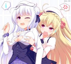 Rule 34 | 2girls, ahoge, anger vein, azur lane, beret, blonde hair, blush, braid, breast envy, breasts, center frills, cleavage, commentary request, crescent (azur lane), cygnet (azur lane), cygnet (retrofit) (azur lane), dress shirt, frills, from behind, grabbing, grabbing another&#039;s breast, grey background, hair between eyes, hair bun, hair ornament, hair ribbon, hand up, hat, juliet sleeves, kamishiro (rsg10679), large breasts, long hair, long sleeves, multiple girls, one eye closed, open mouth, plaid, plaid ribbon, plaid skirt, puffy sleeves, purple eyes, purple skirt, red ribbon, remodel (azur lane), ribbon, shirt, side bun, silver hair, single hair bun, single side bun, skirt, spoken anger vein, spoken sweatdrop, sweatdrop, twitter username, two side up, underbust, very long hair, wavy mouth, white hat, white shirt