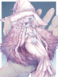 Rule 34 | 1girl, blue eyes, blue skin, cloak, colored skin, commentary, covering crotch, covering privates, dress, elden ring, english commentary, extra arms, fur cloak, hat, highres, in palm, kupa (jesterwii), looking at viewer, medium hair, mini person, miniature ranni, minigirl, one eye closed, open mouth, ranni the witch, solo focus, spoilers, white dress, witch hat