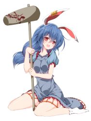 Rule 34 | 1girl, ambiguous red liquid, animal ears, blood, bloody weapon, blue dress, blue hair, breasts, dress, earclip, full body, hair between eyes, kine, long hair, looking at viewer, mallet, medium breasts, open mouth, puffy short sleeves, puffy sleeves, rabbit ears, red eyes, sakurame, seiran (touhou), short dress, short sleeves, simple background, sitting, smile, socks, solo, touhou, wariza, weapon, white background, white socks