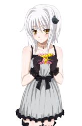 Rule 34 | 10s, 1girl, black gloves, blush, box, cat hair ornament, collarbone, cowboy shot, dress, gift, gift box, gloves, grey dress, hair between eyes, hair ornament, high school dxd, holding, holding box, jewelry, long hair, looking at viewer, necklace, shiny skin, silver hair, sleeveless, sleeveless dress, solo, standing, striped, toujou koneko, transparent background, yellow eyes