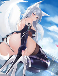 Rule 34 | 1girl, absurdres, animal ear fluff, animal ears, ass, azur lane, back, bare shoulders, black thighhighs, blue eyes, blue sky, breasts, cum, cum on clothes, day, elbow gloves, fox ears, fox tail, from below, gloves, grey hair, hair between eyes, high heels, highres, lao yuan zhang, large breasts, looking at viewer, multiple tails, nail polish, official alternate costume, outdoors, panties, perspective, pink nails, race queen, shinano (azur lane), shinano (moonlit chrome) (azur lane), sky, solo, tail, thighhighs, thighs, underwear, white panties