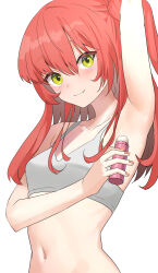 Rule 34 | 1girl, absurdres, arched back, arm up, armpits, blush, bocchi the rock!, bra, breasts, collarbone, commentary request, deodorant, fingernails, hair between eyes, highres, kita ikuyo, light smile, looking at viewer, medium hair, moemochilatte, nail polish, navel, ponytail, presenting armpit, red hair, side ponytail, sidelocks, simple background, small breasts, smile, solo, sports bra, standing, underwear, upper body, white background, yellow eyes