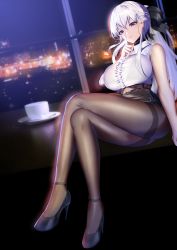 Rule 34 | 1girl, absurdres, alternate costume, azur lane, bare shoulders, belfast (azur lane), black ribbon, blue eyes, braid, city lights, cityscape, coffee, coffee cup, cup, disposable cup, finger to face, french braid, gosama, hair ribbon, high heels, highres, crossed legs, night, office lady, pantyhose, pencil skirt, ponytail, ribbon, saucer, shirt, silver hair, skirt, skyline, sleeveless, sleeveless shirt, spoon, thighband pantyhose