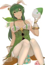 Rule 34 | 1girl, animal ears, breasts, choker, cleavage, dress, easter egg, egg, fake animal ears, fire emblem, fire emblem: mystery of the emblem, fire emblem: shadow dragon, fire emblem heroes, flower, gloves, green eyes, green hair, hair between eyes, hair flower, hair ornament, highres, knees together feet apart, leotard, long hair, looking at viewer, medium breasts, nintendo, palla (fire emblem), pantyhose, parted lips, playboy bunny, rabbit ears, simple background, sitting, sleeveless, sleeveless dress, smile, solo, straight hair, w (1999 kyu), white background, white gloves, white pantyhose