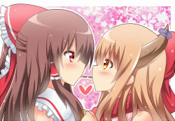Rule 34 | 2girls, bad id, bad pixiv id, bare shoulders, blush, bow, brown hair, eye contact, face-to-face, female focus, food, hair bow, hakurei reimu, heart, horns, ibuki suika, long hair, looking at another, md5 mismatch, multiple girls, pocky, pocky kiss, red eyes, shared food, shinekalta, touhou, yuri