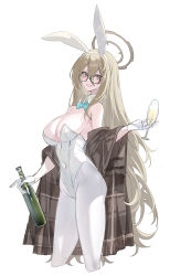 Rule 34 | 1girl, absurdres, akane (blue archive), akane (bunny) (blue archive), animal ears, bare shoulders, blue archive, blue bow, blue bowtie, bottle, bow, bowtie, breasts, brown eyes, brown shawl, champagne bottle, cleavage, commentary request, covered navel, cup, detached collar, echj, fake animal ears, glasses, gloves, halo, highres, holding, holding bottle, holding cup, large breasts, leotard, light brown hair, long hair, official alternate costume, pantyhose, plaid shawl, playboy bunny, rabbit ears, shawl, solo, standing, traditional bowtie, white gloves, white leotard, white pantyhose