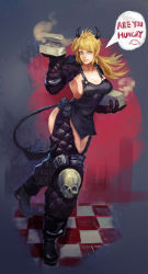 Rule 34 | 1girl, apron, blonde hair, breasts, checkered floor, demon, dorohedoro, english text, food, full body, horns, knee pads, long hair, looking at viewer, nikaidou (dorohedoro), no bra, sideboob, skull, solo, speech bubble, tail, text focus, yellow eyes