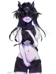 Rule 34 | 10s, 1girl, abyssal ship, bare shoulders, black hair, blindfold, blush, covered eyes, groin, horns, kantai collection, light cruiser princess, lips, long hair, looking at viewer, mask, mochitsuki (mo chooon), navel, no gloves, open mouth, pale skin, parted bangs, shorts, simple background, smile, solo, white background