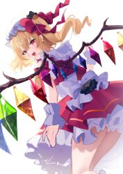 Rule 34 | 1girl, :d, back bow, blonde hair, bow, collared shirt, commentary, cowboy shot, crystal, fang, flandre scarlet, floating hair, frilled shirt collar, frilled skirt, frills, from behind, hair between eyes, hair bow, hat, highres, long hair, looking at viewer, looking back, mob cap, one side up, open mouth, red bow, red eyes, red skirt, red vest, shirt, simple background, skirt, skirt set, smile, solo, tongue, touhou, usushio, vest, white background, white bow, white hat, white shirt, wings, wrist cuffs