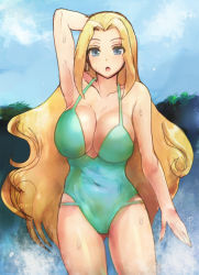 Rule 34 | 1girl, arm behind head, arm up, armpits, bare arms, blonde hair, blue eyes, blue sky, blush, breasts, byte (grunty-hag1), cleavage, collarbone, earrings, eyebrows hidden by hair, facing viewer, green one-piece swimsuit, hand up, jewelry, large breasts, long hair, looking at viewer, mega man (series), mega man battle network, mega man battle network (series), one-piece swimsuit, open mouth, outdoors, princess pride (mega man), sky, solo, standing, swimsuit, tongue, very long hair, water, wet