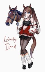 Rule 34 | 1girl, animal ears, belt, blue eyes, breasts, brown hair, character name, closed mouth, collarbone, creature and personification, crop top, full body, hair between eyes, hair ornament, highres, horse ears, horse tail, jacket, liberty island (racehorse), looking at viewer, medium breasts, mole, mole under eye, navel, nebusoku (qinbuzu), original, pantyhose, personification, real life, shoes, simple background, socks, solo, standing, tail, twintails, umamusume, white background