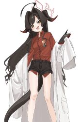 Rule 34 | 1girl, black hair, black horns, black shorts, blue archive, blush, coat, emblem, fang, gomibako (gomibako price), halo, highres, horns, kasumi (blue archive), lab coat, looking at viewer, open mouth, orange eyes, red shirt, shirt, short shorts, shorts, simple background, solo, standing, tail, thighs, white background, white coat