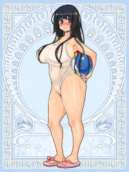 Rule 34 | 1girl, areola slip, ball, beachball, black hair, blue eyes, blush, breasts, carrying, covered erect nipples, covered navel, full body, hair over breasts, huge breasts, long hair, official art, one-piece swimsuit, ryoji (nomura ryouji), sandals, silver rain, smile, solo, swimsuit, wet, white one-piece swimsuit