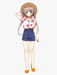 Rule 34 | 1girl, amaryllis gumi, arm at side, arm behind head, arm up, belt, black belt, blue eyes, blue shorts, braid, braided hair rings, brown hair, brown hat, buttons, closed mouth, floral print, full body, hair rings, hat, hawaiian shirt, hibiscus print, high-waist shorts, highres, long hair, okunin, orange footwear, pocket, shirt, shoes, shorts, simple background, smile, solo, straw hat, twintails, very long hair, virtual youtuber, white background, white shirt, yoshimochi moni